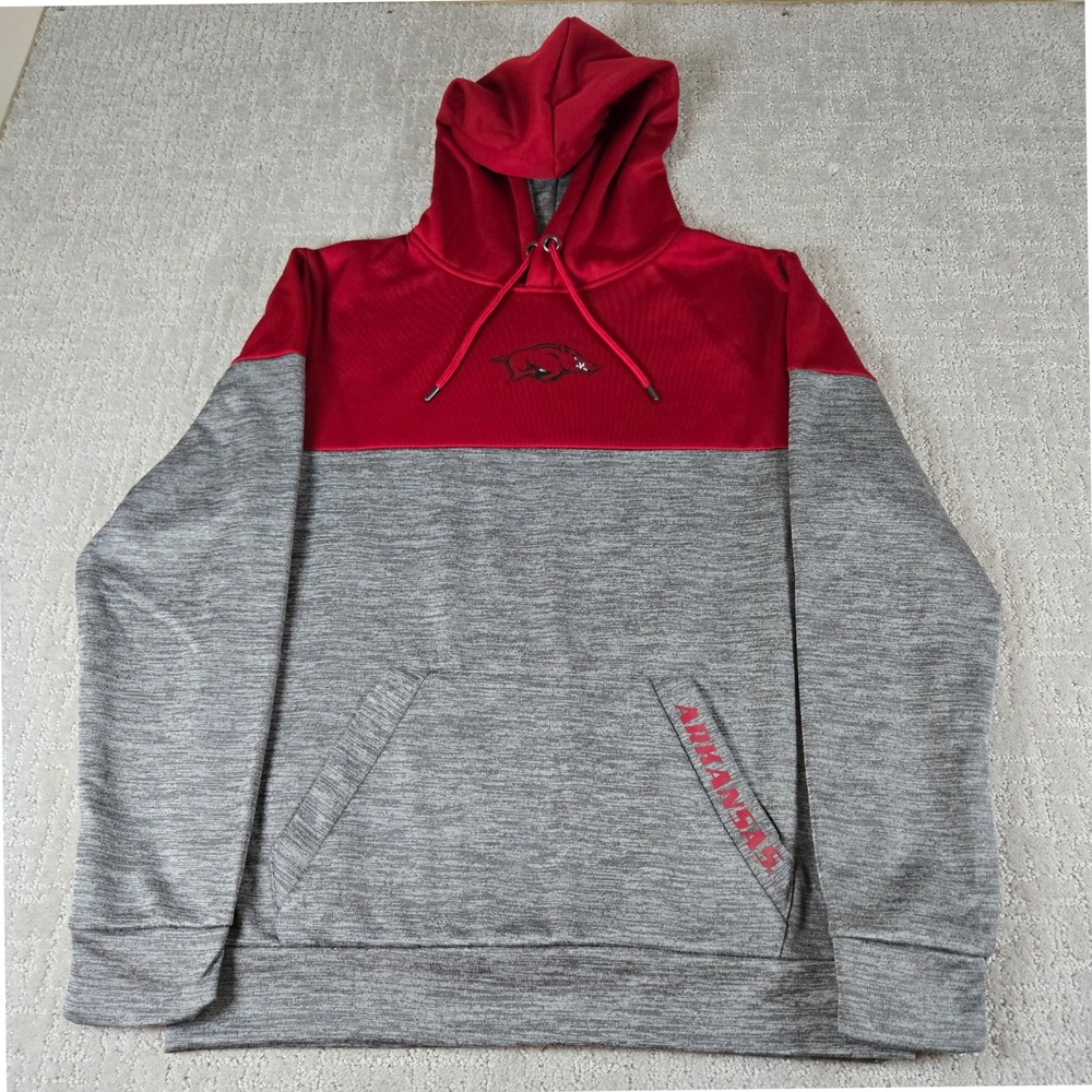 Colosseum Arkansas Razorbacks Mens Hoodie Grey Red Colorblock Sweatshirt Medium
